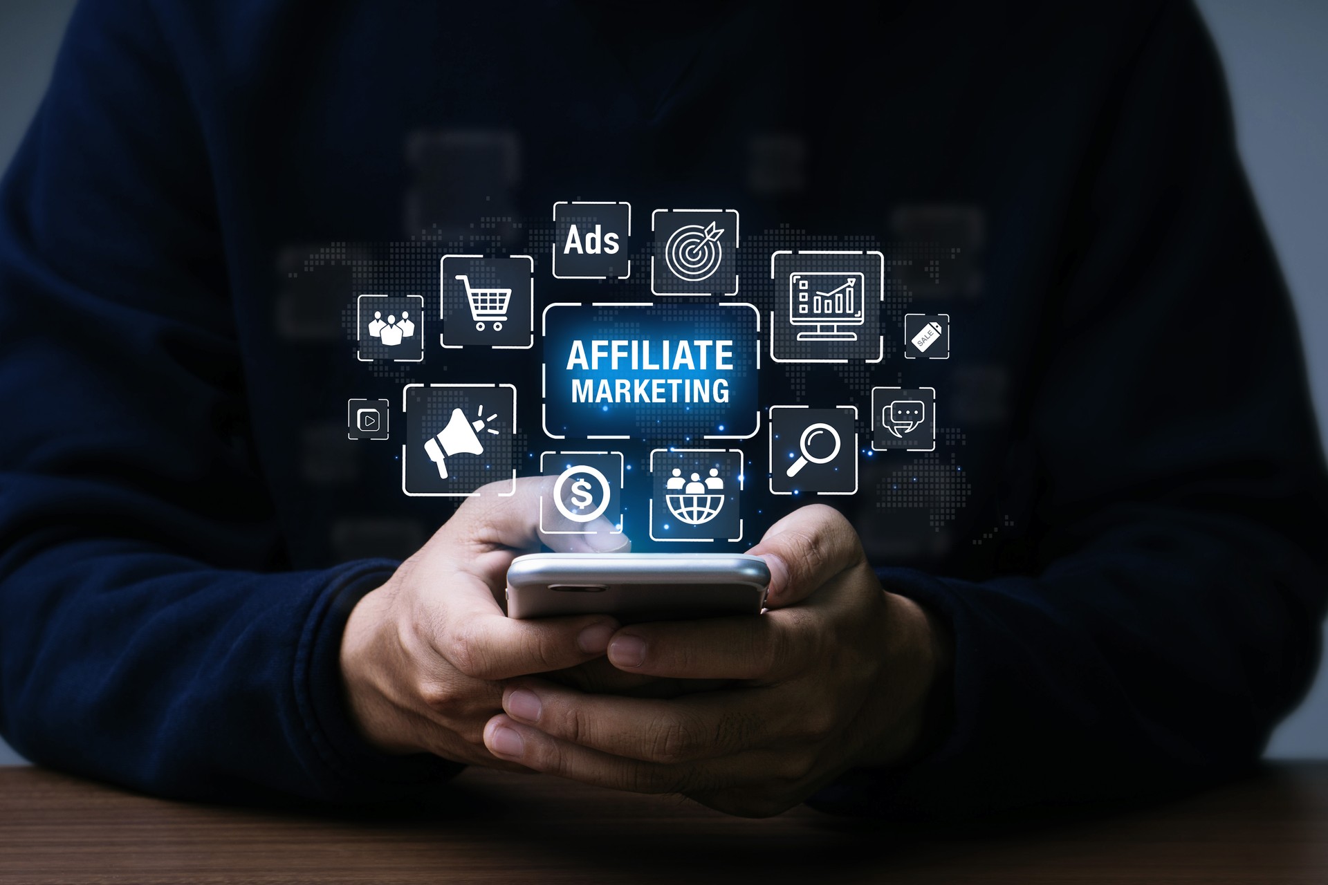 Affiliate marketing concept. Businessman Influencer using phone with affiliate marketing icons. Digital Marketing. Marketing strategies to advertise products and services. New business.